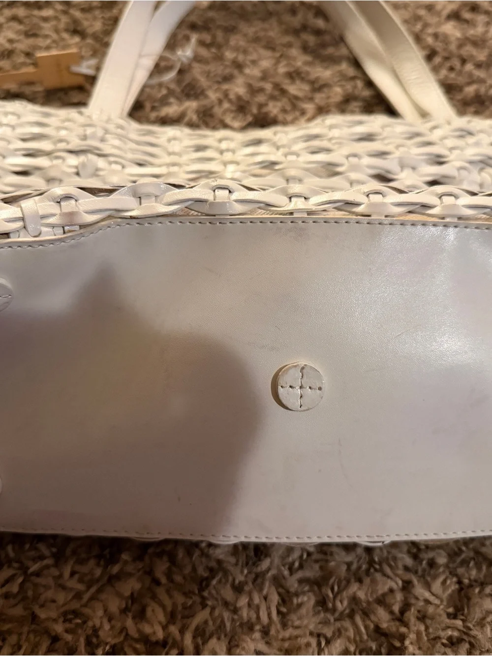 Vintage Fossil Ivory Woven Leather Tote Bag with Key Charm